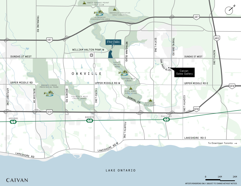 Five Oaks location map: north of Dundas St W at Neyagawa Blvd, beside Lions Valley Park