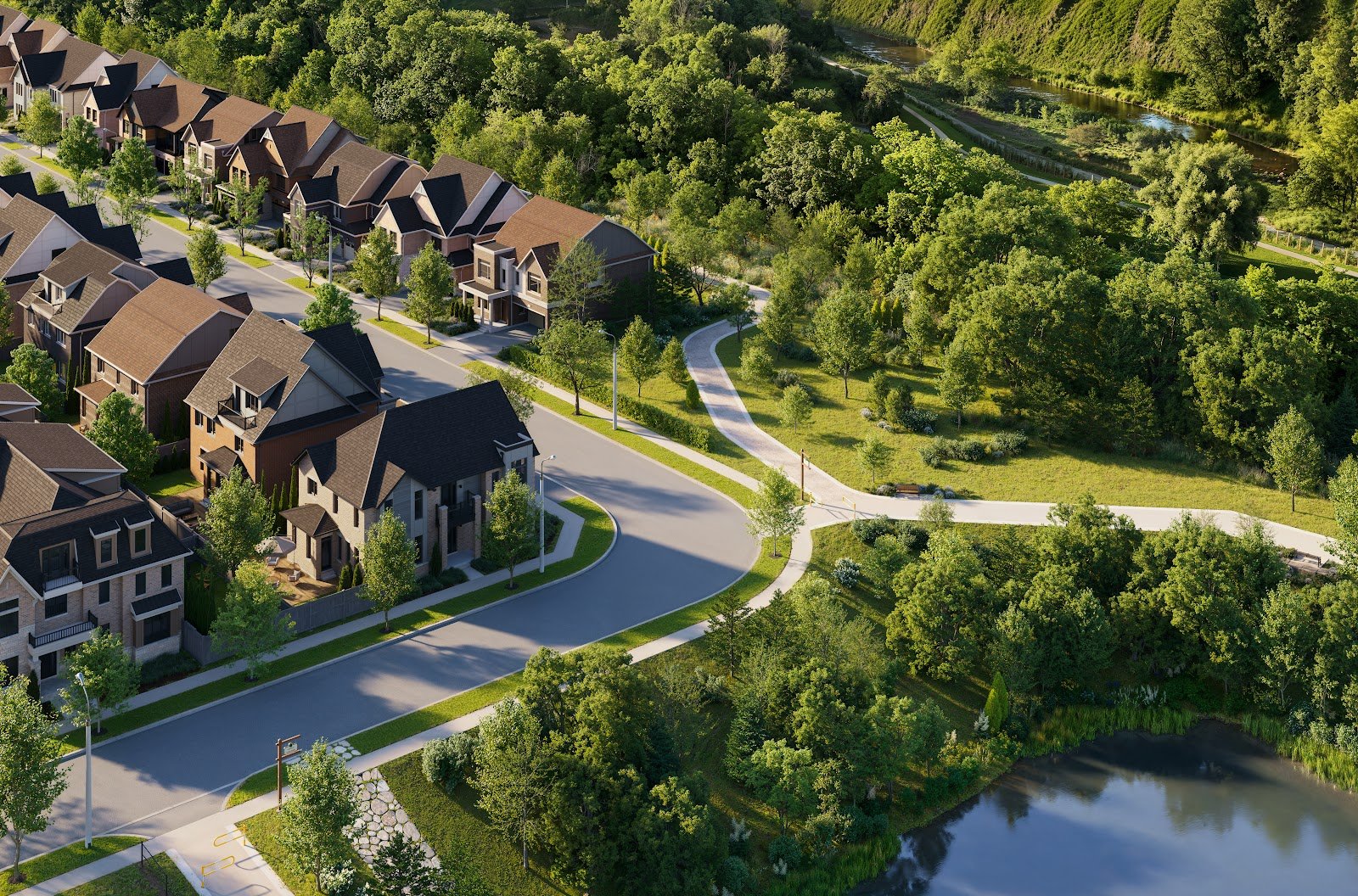 Aerial rendering of Five Oaks homes, pond and pathways